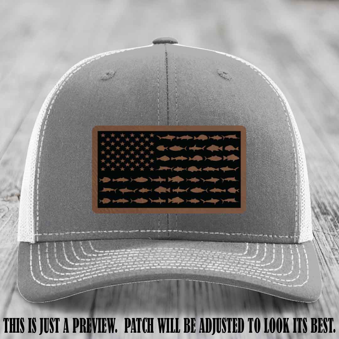 Stars & Stripes Fishing Dark Brown to Black Patch Leather patch on Heather Grey to White Hat Richardson 112 custom trucker hat
