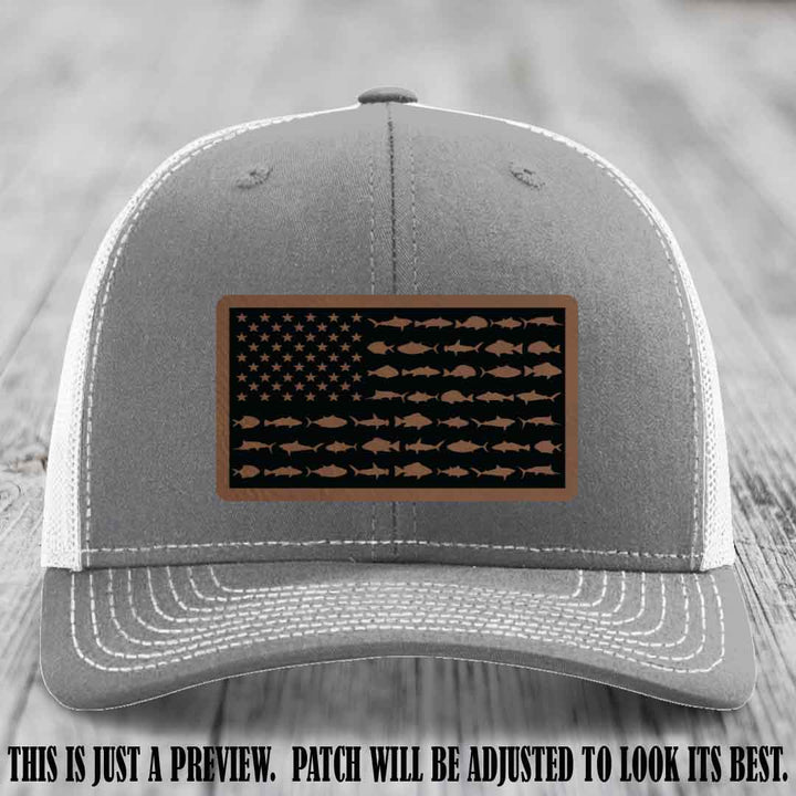 Stars & Stripes Fishing Dark Brown to Black Patch Leather patch on Heather Grey to White Hat Richardson 112 custom trucker hat