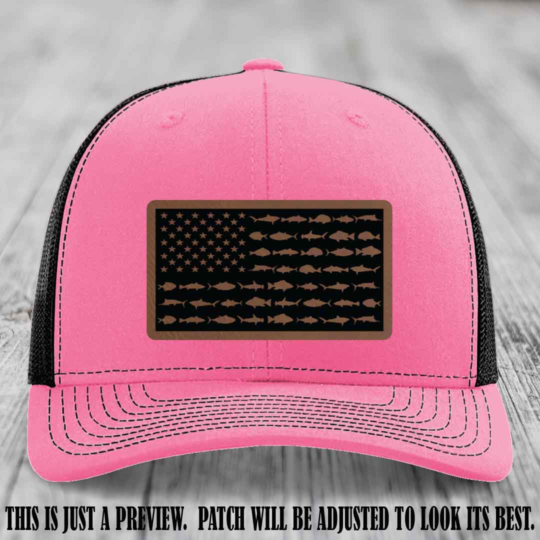 Stars & Stripes Fishing Dark Brown to Black Patch Leather patch on Hot Pink to Black Hat Richardson 112 custom trucker hat