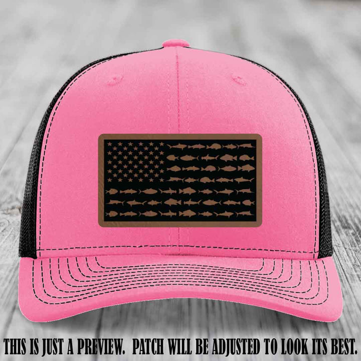 Stars & Stripes Fishing Dark Brown to Black Patch Leather patch on Hot Pink to Black Hat Richardson 112 custom trucker hat