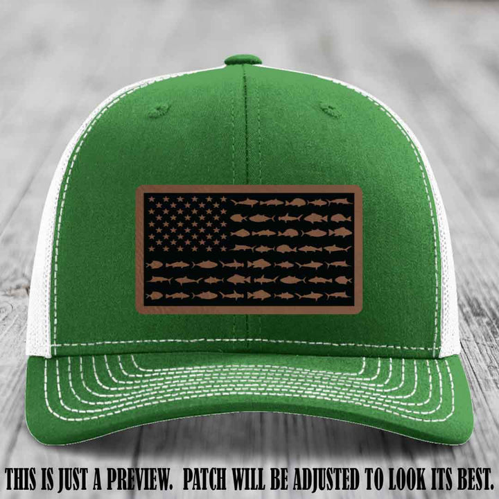 Stars & Stripes Fishing Dark Brown to Black Patch Leather patch on Kelly to White Hat Richardson 112 custom trucker hat
