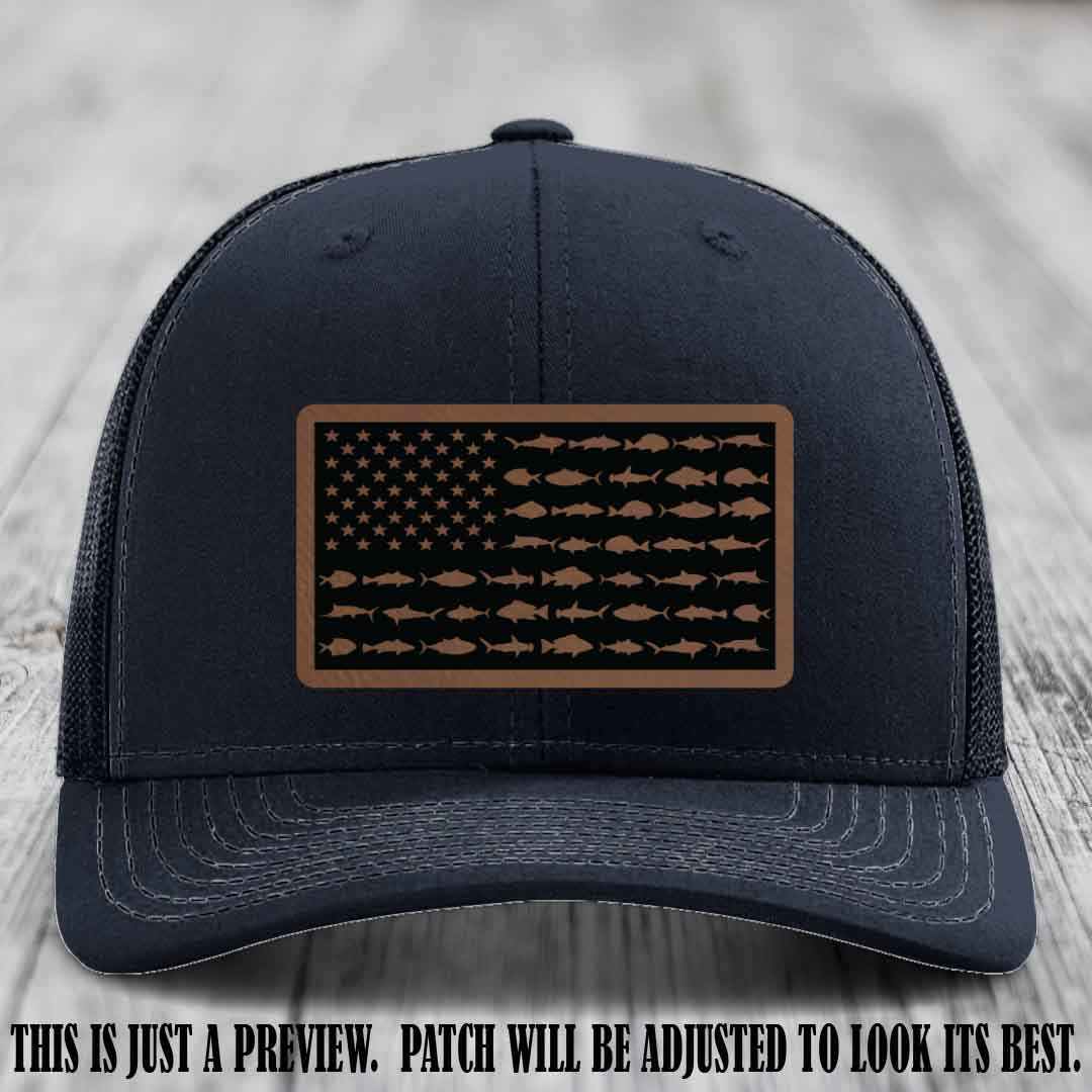 Stars & Stripes Fishing Dark Brown to Black Patch Leather patch on Navy Hat Richardson 112 custom trucker hat