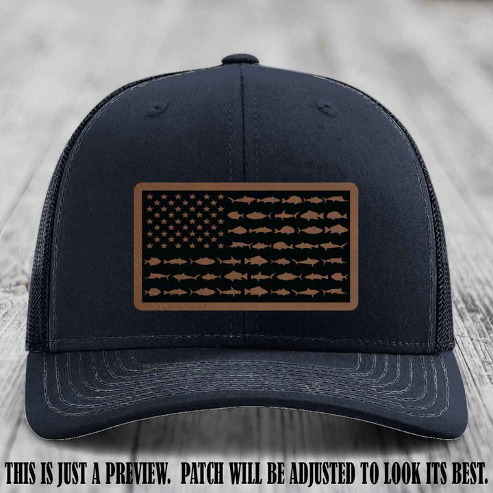 Stars & Stripes Fishing Dark Brown to Black Patch Leather patch on Navy Hat Richardson 112 custom trucker hat
