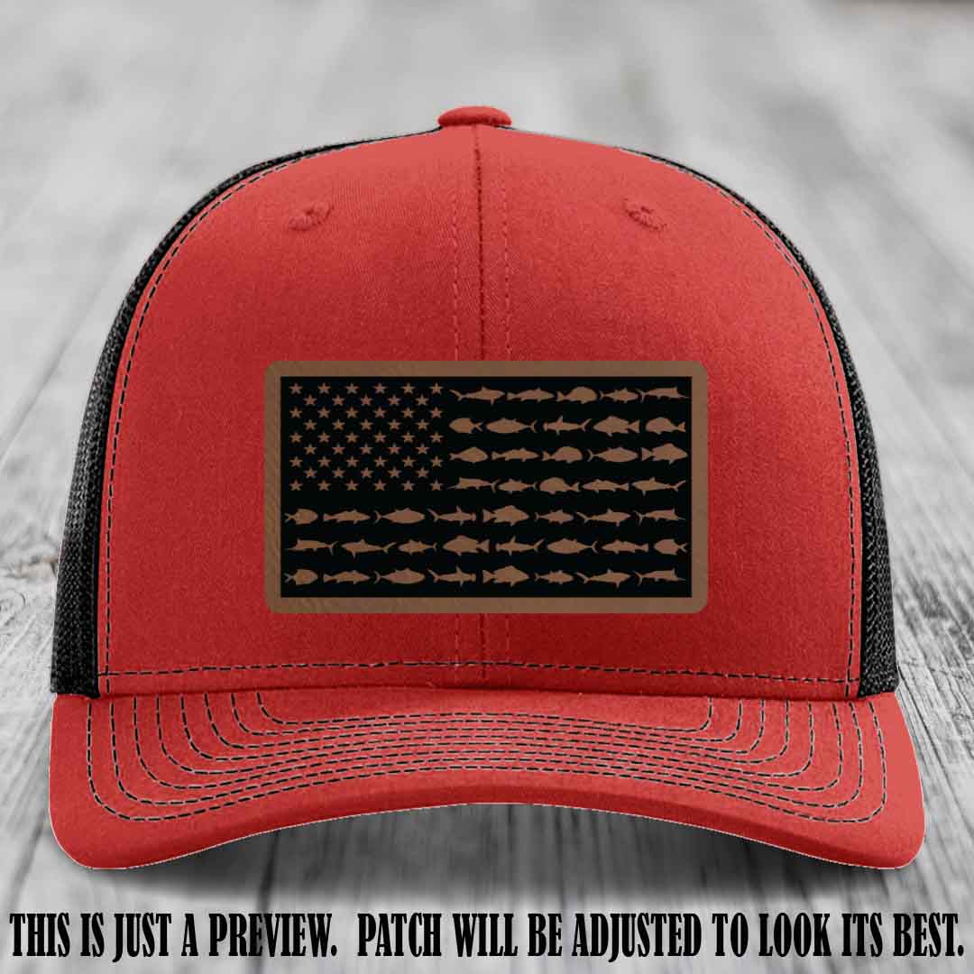 Stars & Stripes Fishing Dark Brown to Black Patch Leather patch on Red to Black Hat Richardson 112 custom trucker hat