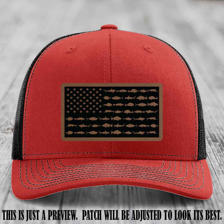 Stars & Stripes Fishing Dark Brown to Black Patch Leather patch on Red to Black Hat Richardson 112 custom trucker hat
