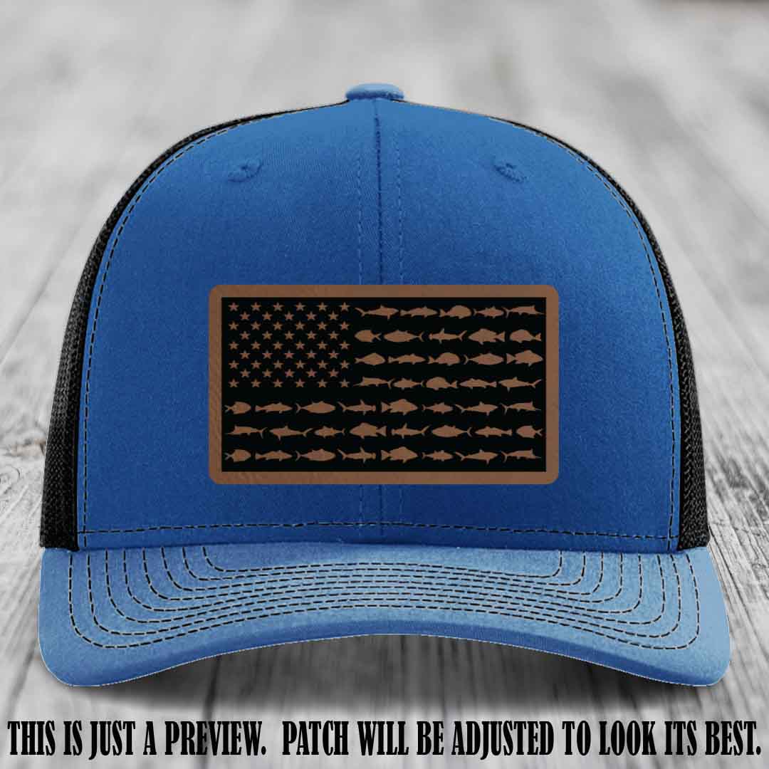 Stars & Stripes Fishing Dark Brown to Black Patch Leather patch on Royal to Black Hat Richardson 112 custom trucker hat