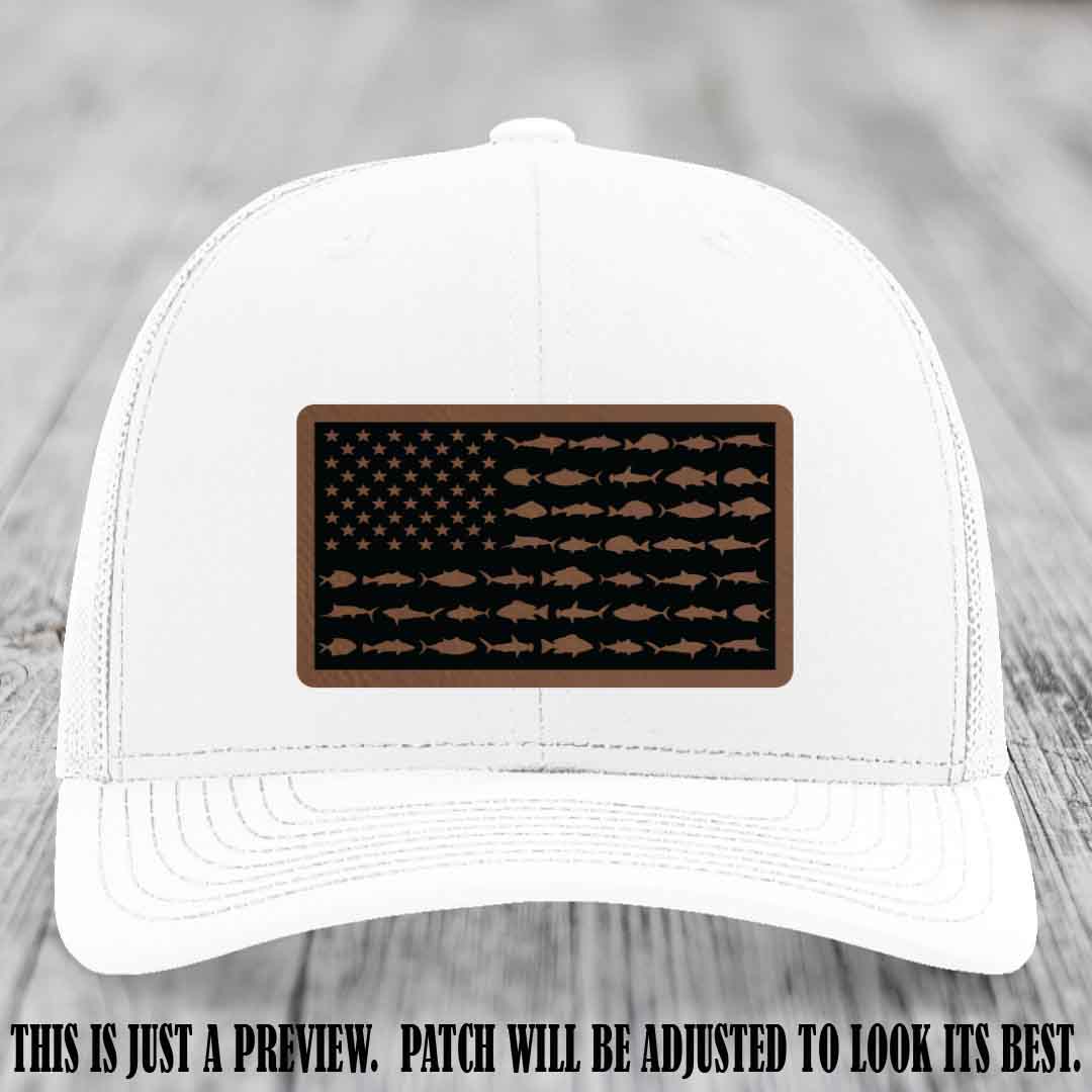 Stars & Stripes Fishing Dark Brown to Black Patch Leather patch on White Hat Richardson 112 custom trucker hat