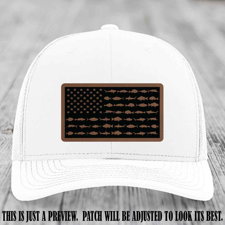 Stars & Stripes Fishing Dark Brown to Black Patch Leather patch on White Hat Richardson 112 custom trucker hat