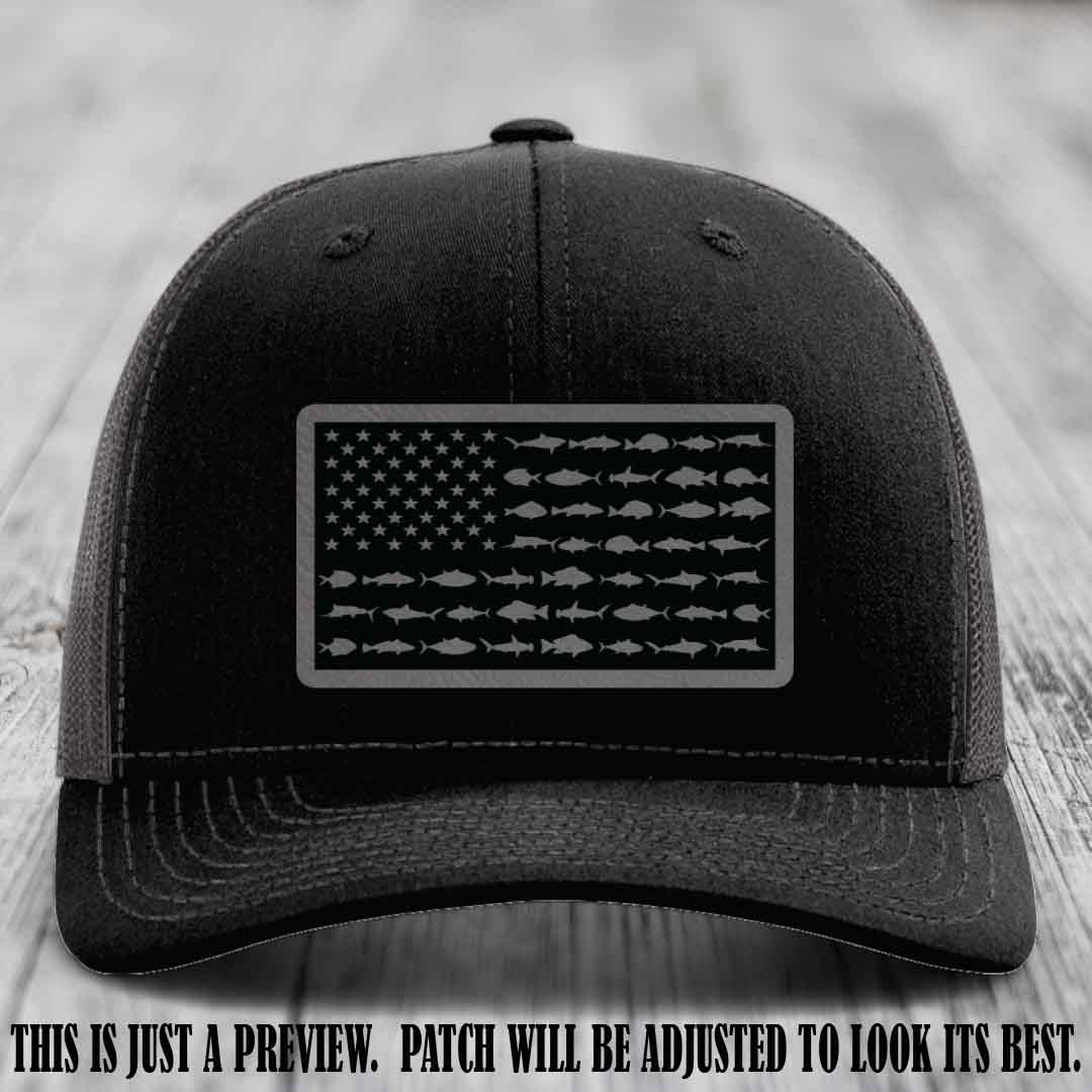 Stars & Stripes Fishing Grey to Black Patch Leather patch on Black to Charcoal Hat Richardson 112 custom trucker hat