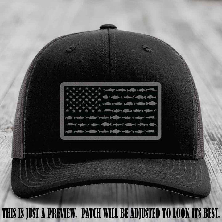 Stars & Stripes Fishing Grey to Black Patch Leather patch on Black to Charcoal Hat Richardson 112 custom trucker hat