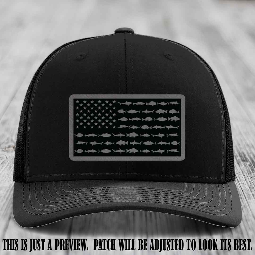 Stars & Stripes Fishing Grey to Black Patch Leather patch on Black Hat Richardson 112 custom trucker hat