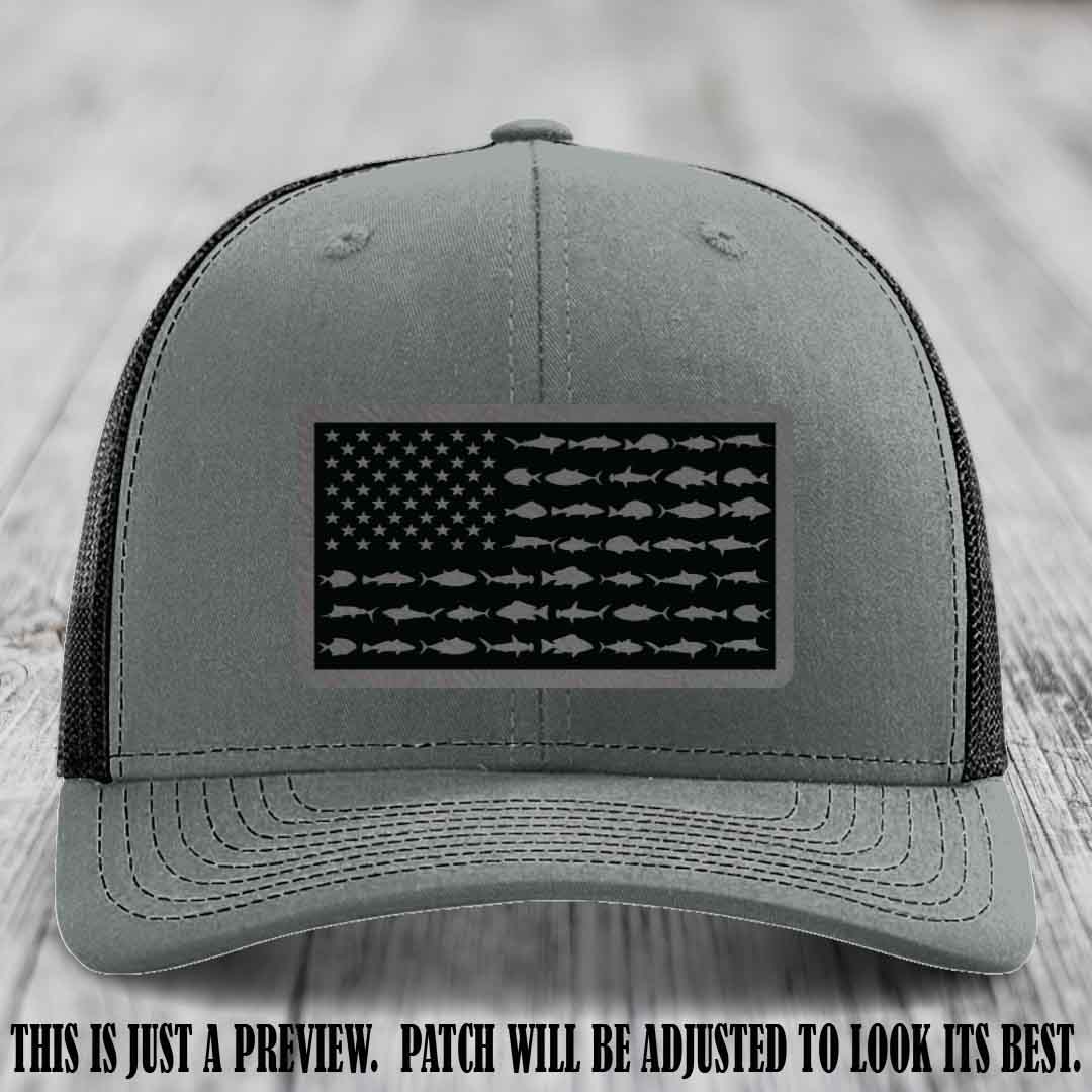 Stars & Stripes Fishing Grey to Black Patch Leather patch on Heather Grey to Black Hat Richardson 112 custom trucker hat