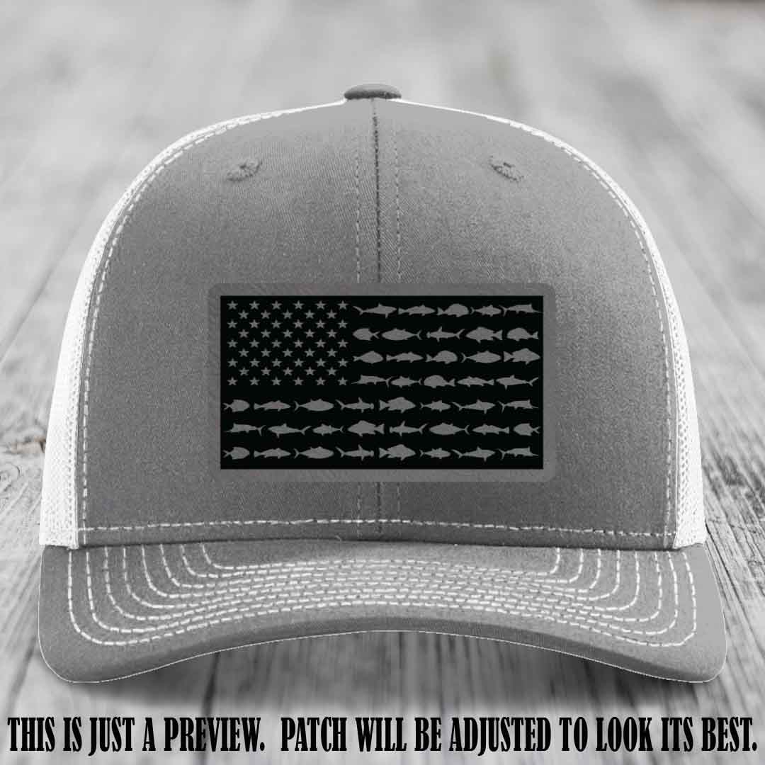 Stars & Stripes Fishing Grey to Black Patch Leather patch on Heather Grey to White Hat Richardson 112 custom trucker hat