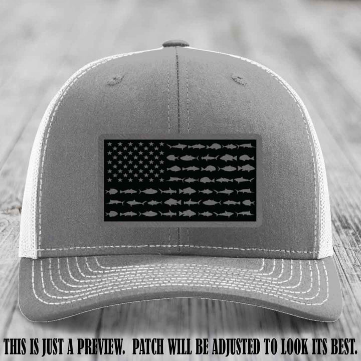 Stars & Stripes Fishing Grey to Black Patch Leather patch on Heather Grey to White Hat Richardson 112 custom trucker hat