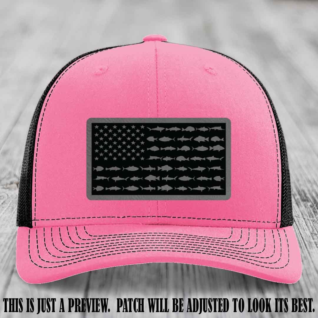 Stars & Stripes Fishing Grey to Black Patch Leather patch on Hot Pink to Black Hat Richardson 112 custom trucker hat