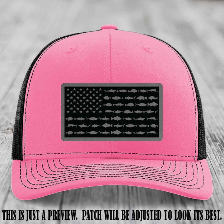 Stars & Stripes Fishing Grey to Black Patch Leather patch on Hot Pink to Black Hat Richardson 112 custom trucker hat