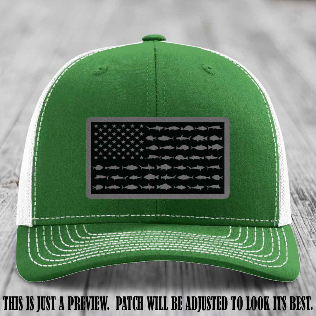 Stars & Stripes Fishing Grey to Black Patch Leather patch on Kelly to White Hat Richardson 112 custom trucker hat