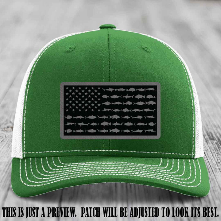 Stars & Stripes Fishing Grey to Black Patch Leather patch on Kelly to White Hat Richardson 112 custom trucker hat