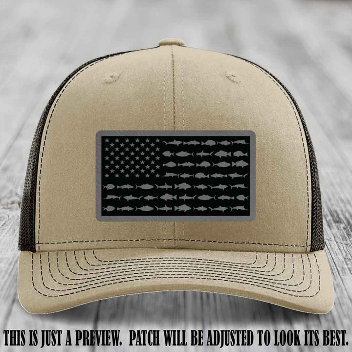 Stars & Stripes Fishing Grey to Black Patch Leather patch on Khaki to Coffee Hat Richardson 112 custom trucker hat