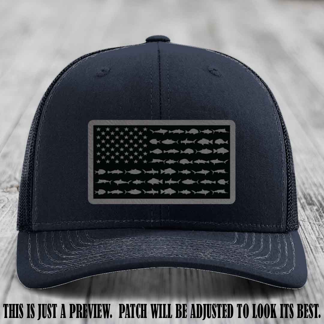 Stars & Stripes Fishing Grey to Black Patch Leather patch on Navy Hat Richardson 112 custom trucker hat