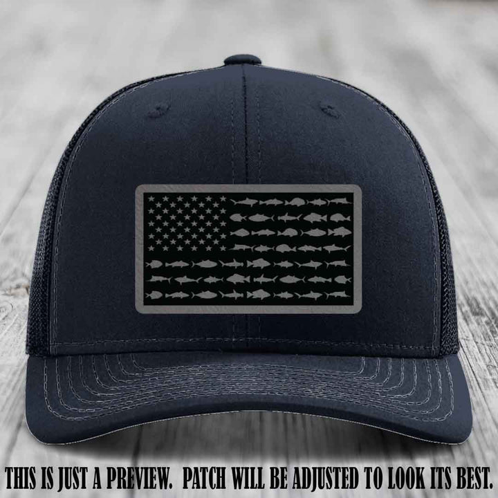 Stars & Stripes Fishing Grey to Black Patch Leather patch on Navy Hat Richardson 112 custom trucker hat
