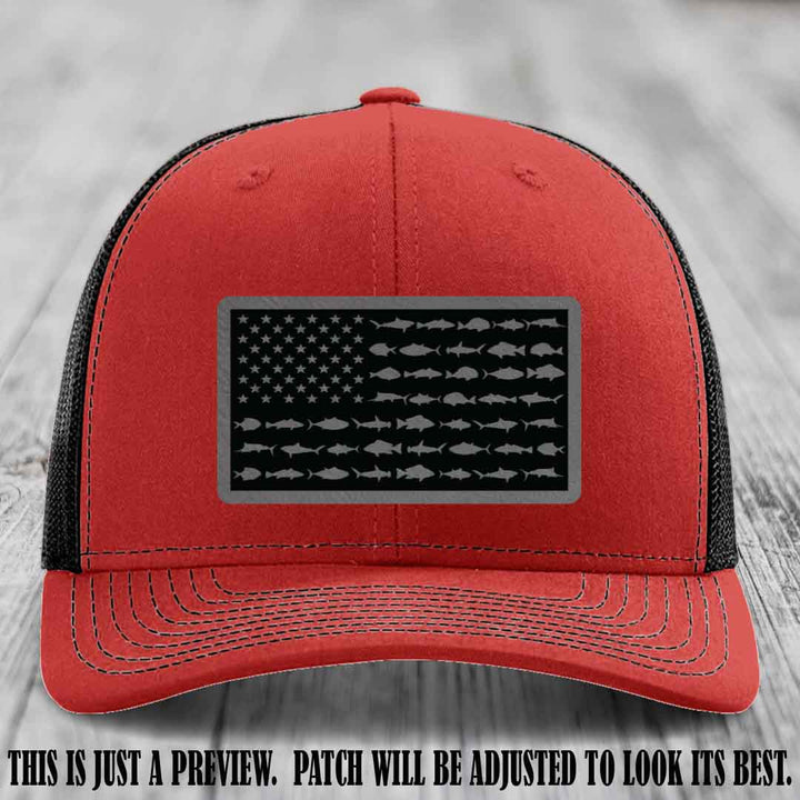 Stars & Stripes Fishing Grey to Black Patch Leather patch on Red to Black Hat Richardson 112 custom trucker hat