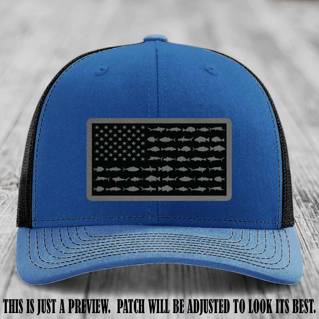 Stars & Stripes Fishing Grey to Black Patch Leather patch on Royal to Black Hat Richardson 112 custom trucker hat