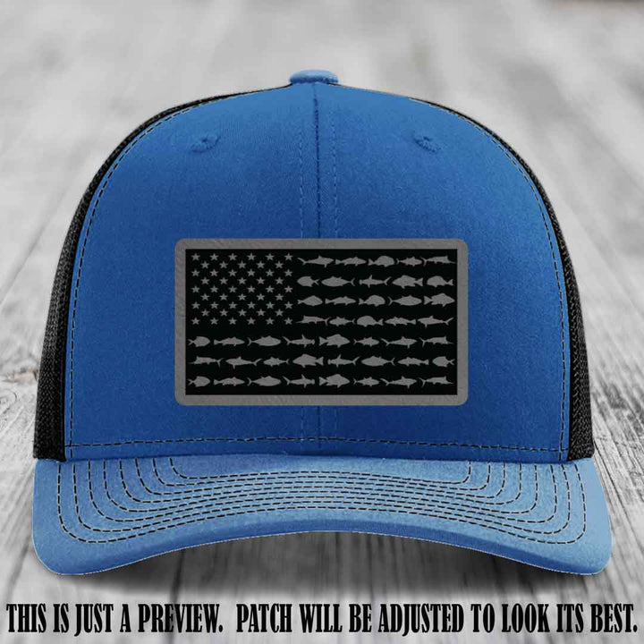 Stars & Stripes Fishing Grey to Black Patch Leather patch on Royal to Black Hat Richardson 112 custom trucker hat