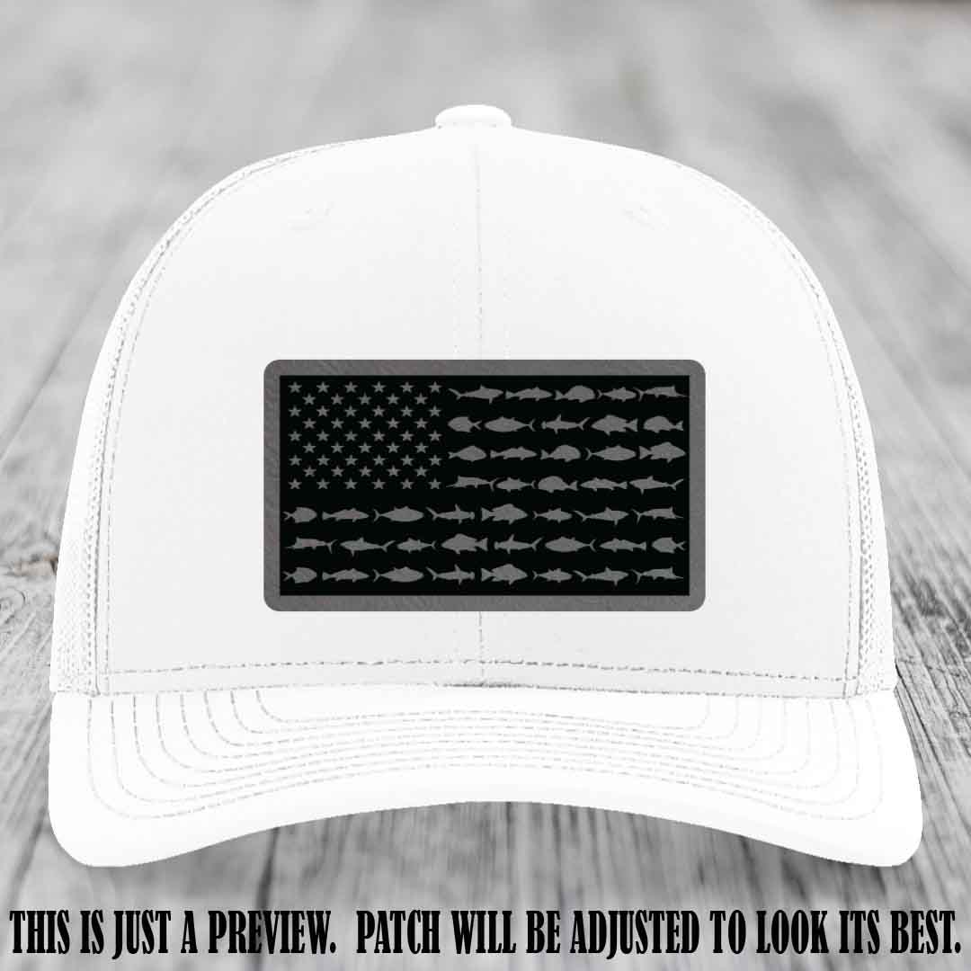 Stars & Stripes Fishing Grey to Black Patch Leather patch on White Hat Richardson 112 custom trucker hat