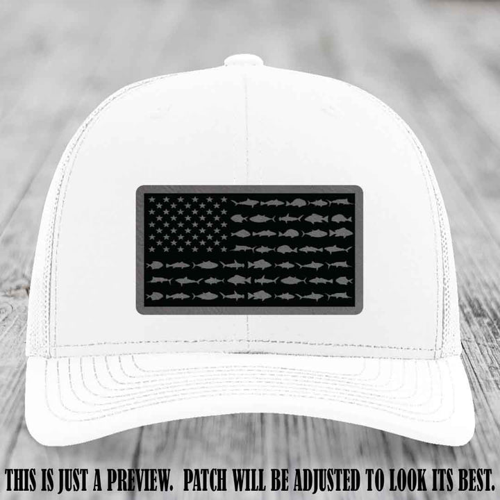 Stars & Stripes Fishing Grey to Black Patch Leather patch on White Hat Richardson 112 custom trucker hat