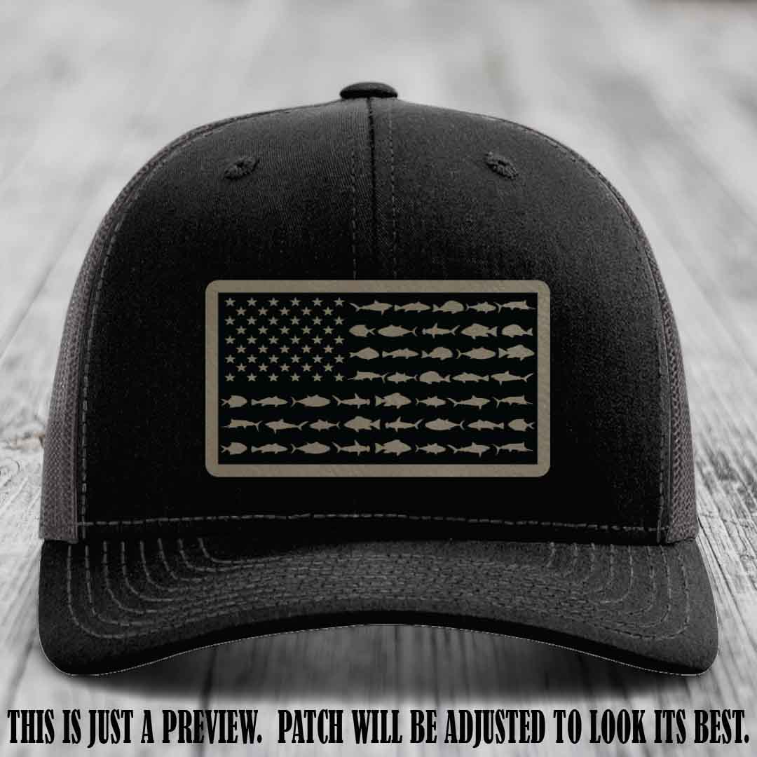 Stars & Stripes Fishing Light Brown to Black Patch Leather patch on Black to Charcoal Hat Richardson 112 custom trucker hat