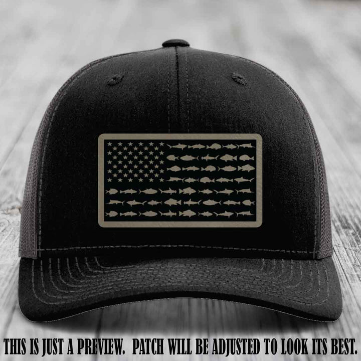 Stars & Stripes Fishing Light Brown to Black Patch Leather patch on Black to Charcoal Hat Richardson 112 custom trucker hat