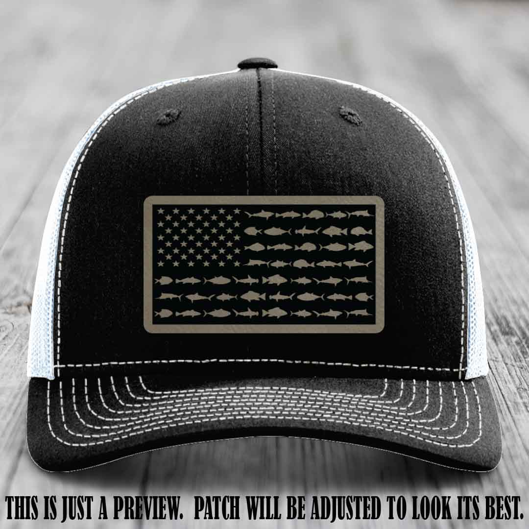 Stars & Stripes Fishing Light Brown to Black Patch Leather patch on Black to White Hat Richardson 112 custom trucker hat