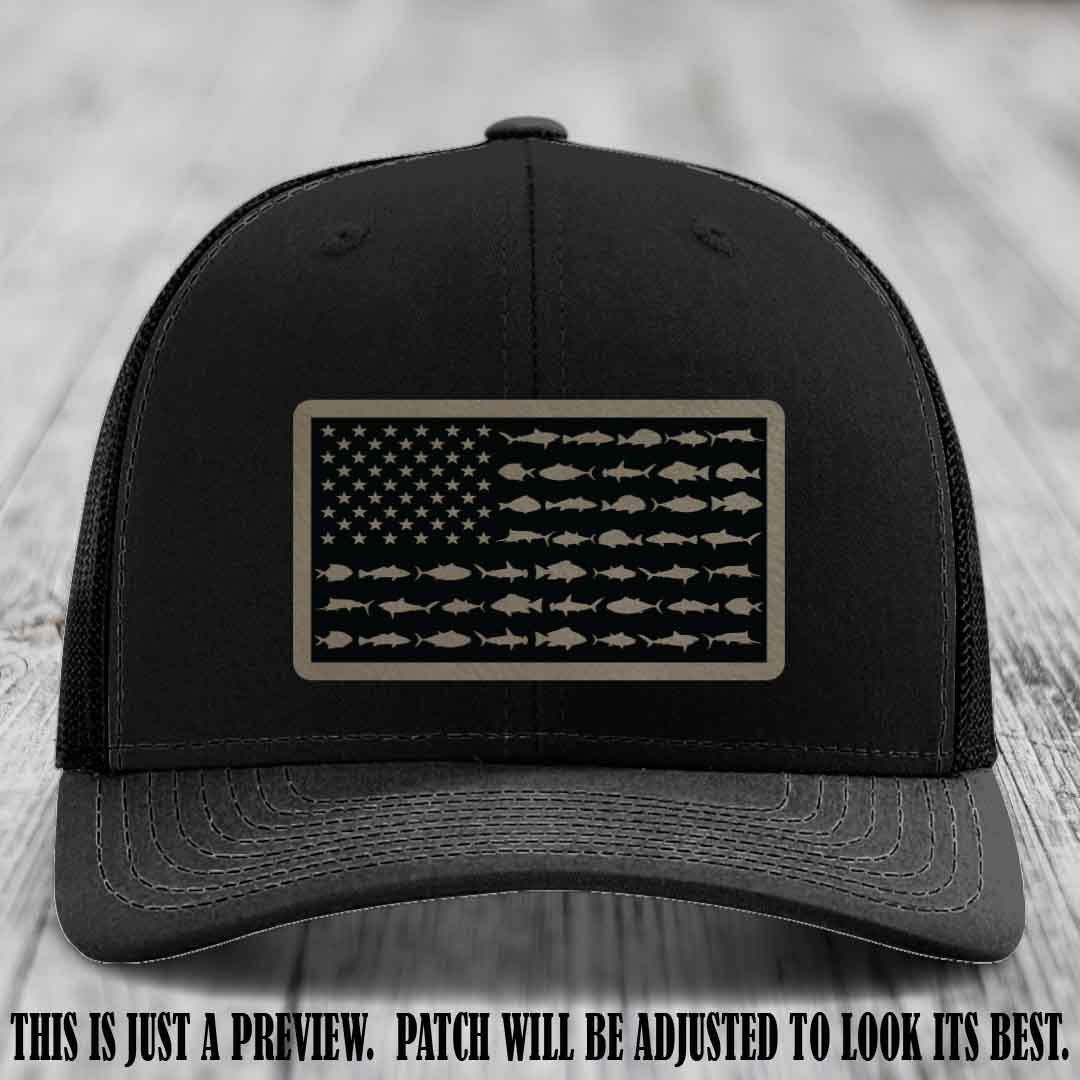 Stars & Stripes Fishing Light Brown to Black Patch Leather patch on Black Hat Richardson 112 custom trucker hat