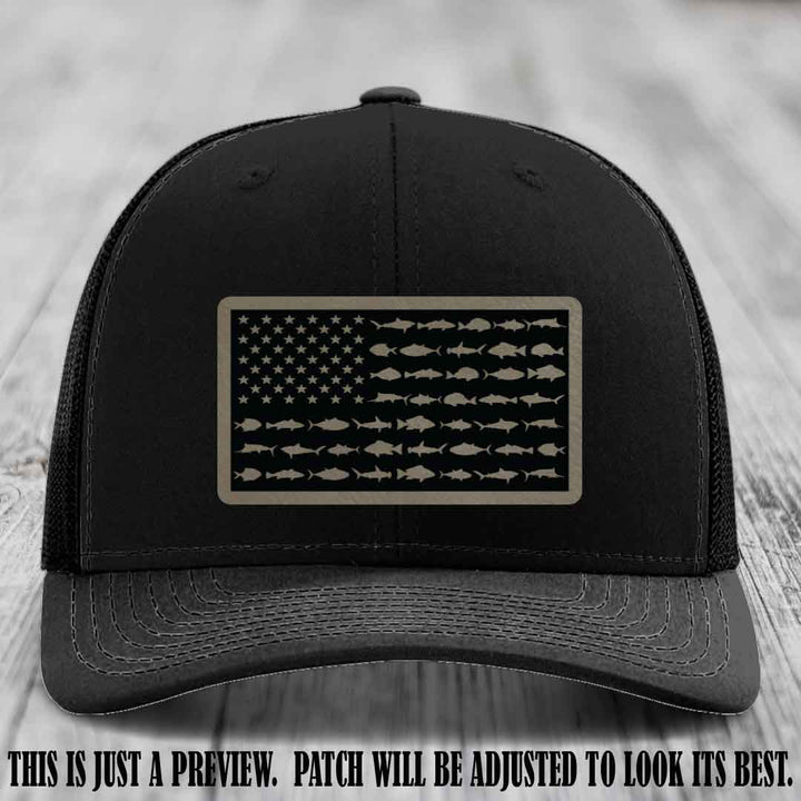 Stars & Stripes Fishing Light Brown to Black Patch Leather patch on Black Hat Richardson 112 custom trucker hat