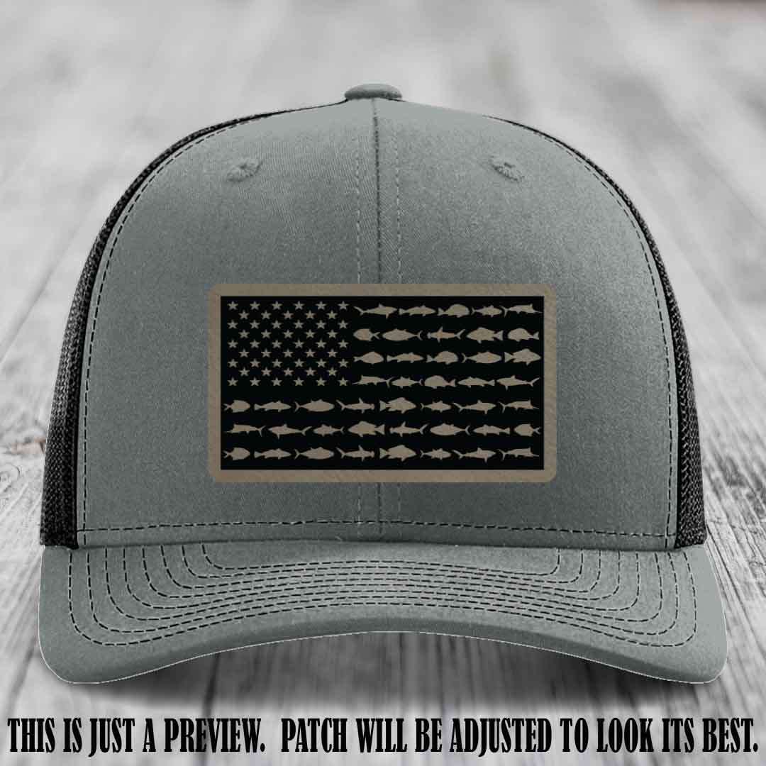 Stars & Stripes Fishing Light Brown to Black Patch Leather patch on Heather Grey to Black Hat Richardson 112 custom trucker hat
