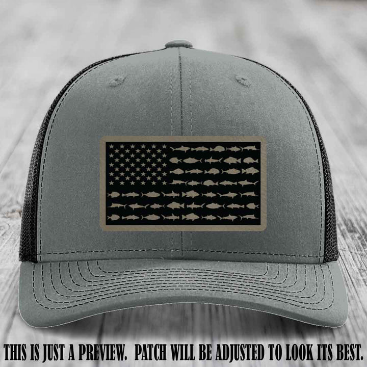 Stars & Stripes Fishing Light Brown to Black Patch Leather patch on Heather Grey to Black Hat Richardson 112 custom trucker hat