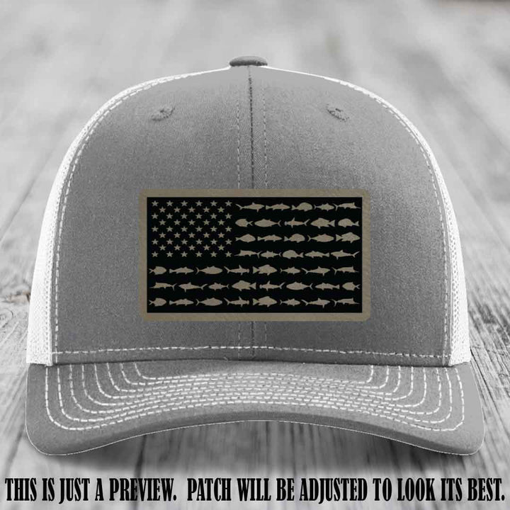 Stars & Stripes Fishing Light Brown to Black Patch Leather patch on Heather Grey to White Hat Richardson 112 custom trucker hat