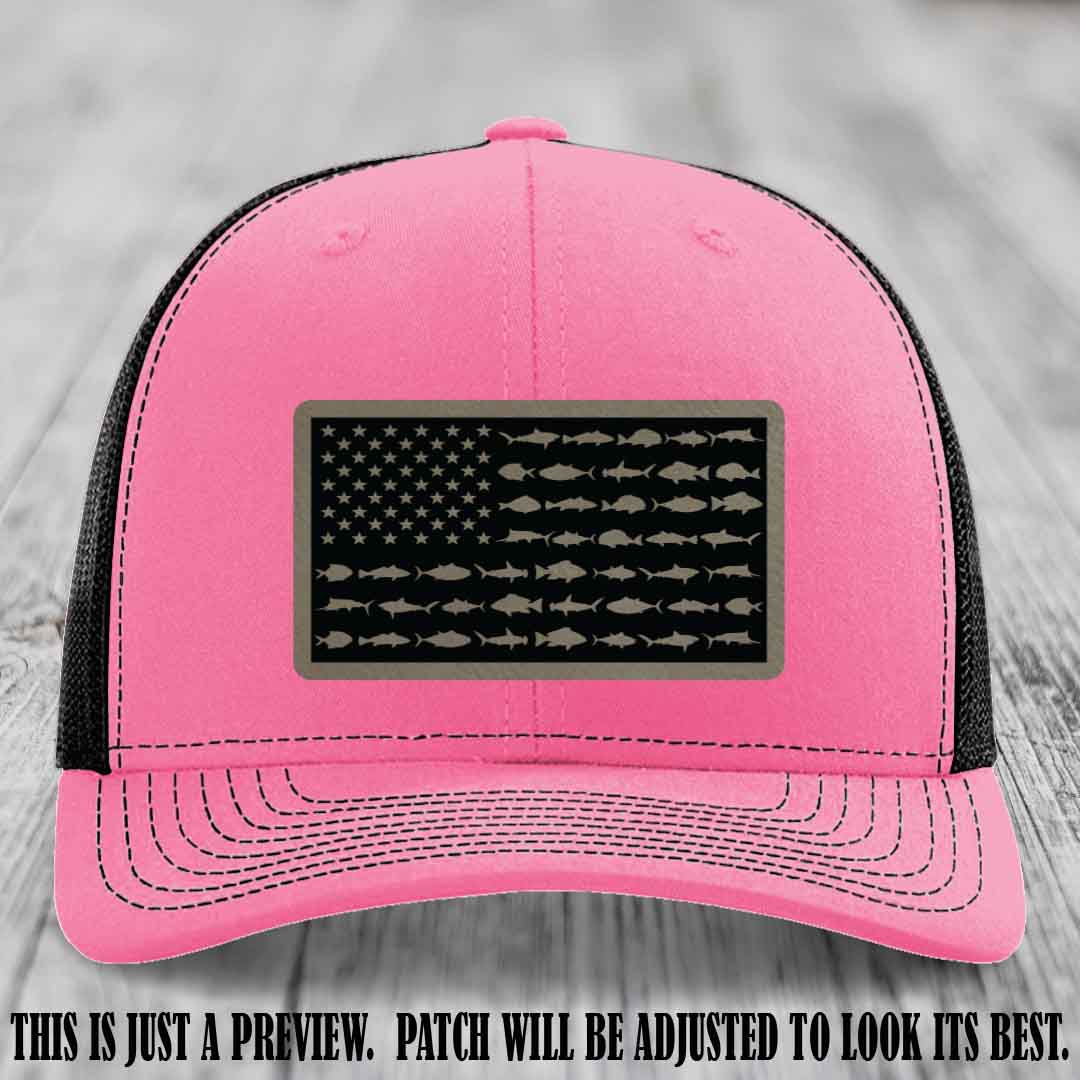 Stars & Stripes Fishing Light Brown to Black Patch Leather patch on Hot Pink to Black Hat Richardson 112 custom trucker hat