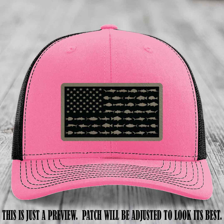 Stars & Stripes Fishing Light Brown to Black Patch Leather patch on Hot Pink to Black Hat Richardson 112 custom trucker hat