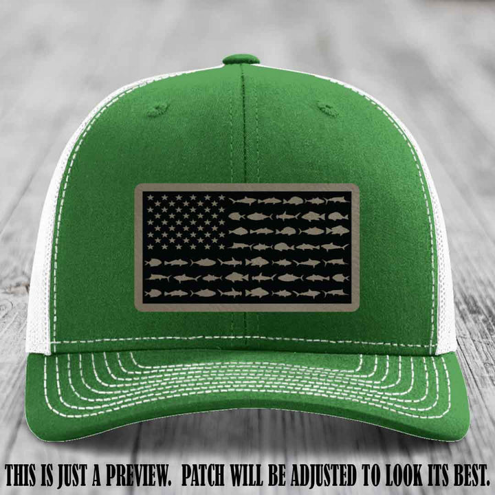 Stars & Stripes Fishing Light Brown to Black Patch Leather patch on Kelly to White Hat Richardson 112 custom trucker hat
