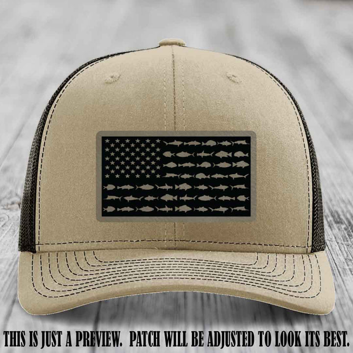Stars & Stripes Fishing Light Brown to Black Patch Leather patch on Khaki to Coffee Hat Richardson 112 custom trucker hat