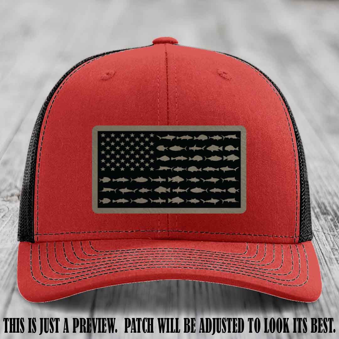 Stars & Stripes Fishing Light Brown to Black Patch Leather patch on Red to Black Hat Richardson 112 custom trucker hat