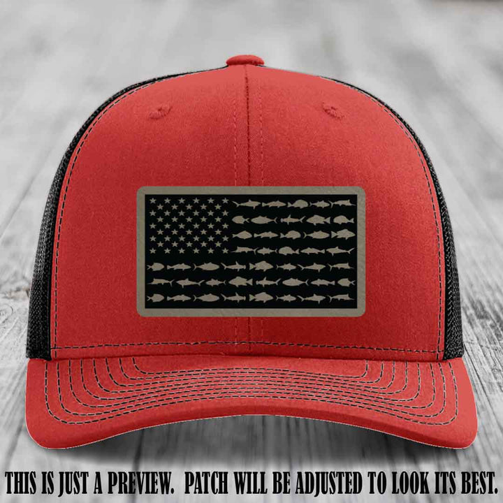 Stars & Stripes Fishing Light Brown to Black Patch Leather patch on Red to Black Hat Richardson 112 custom trucker hat