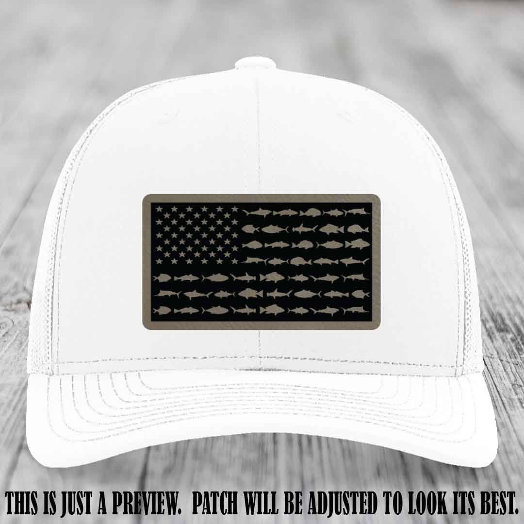 Stars & Stripes Fishing Light Brown to Black Patch Leather patch on White Hat Richardson 112 custom trucker hat