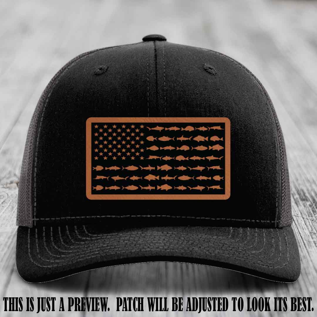 Stars & Stripes Fishing Rawhide to Black Patch Leather patch on Black to Charcoal Hat Richardson 112 custom trucker hat