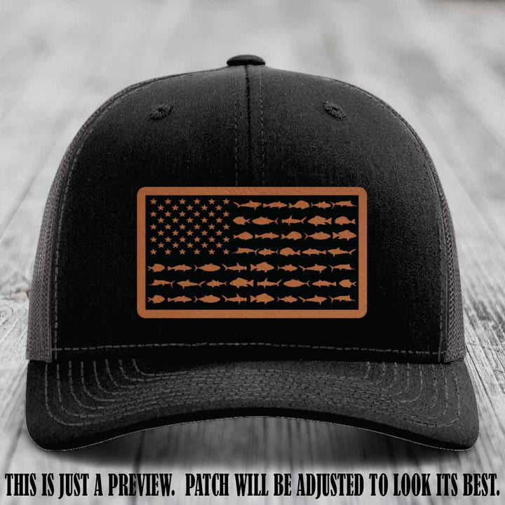 Stars & Stripes Fishing Rawhide to Black Patch Leather patch on Black to Charcoal Hat Richardson 112 custom trucker hat