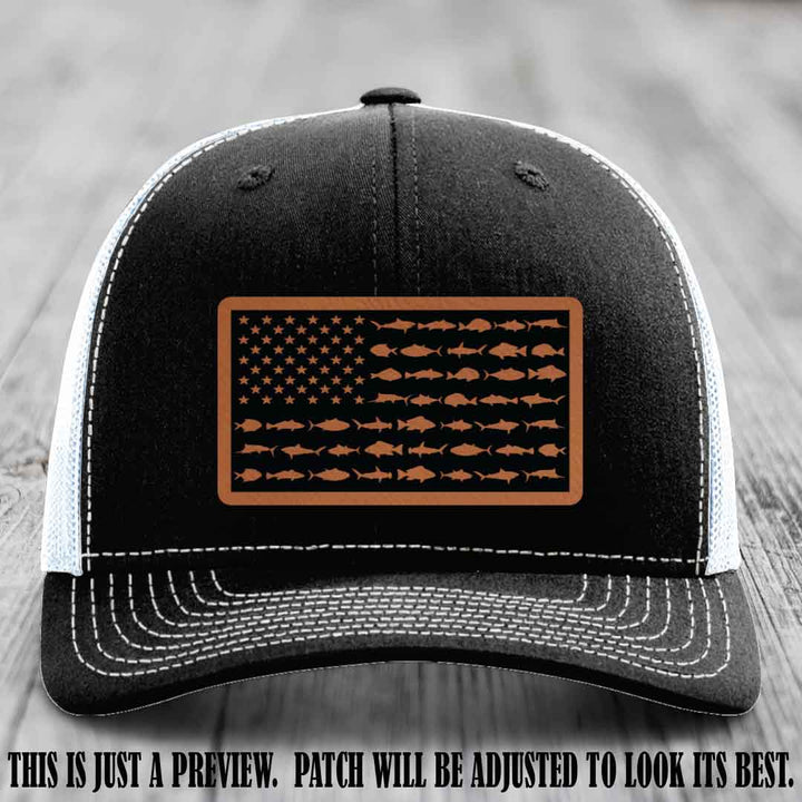 Stars & Stripes Fishing Rawhide to Black Patch Leather patch on Black to White Hat Richardson 112 custom trucker hat