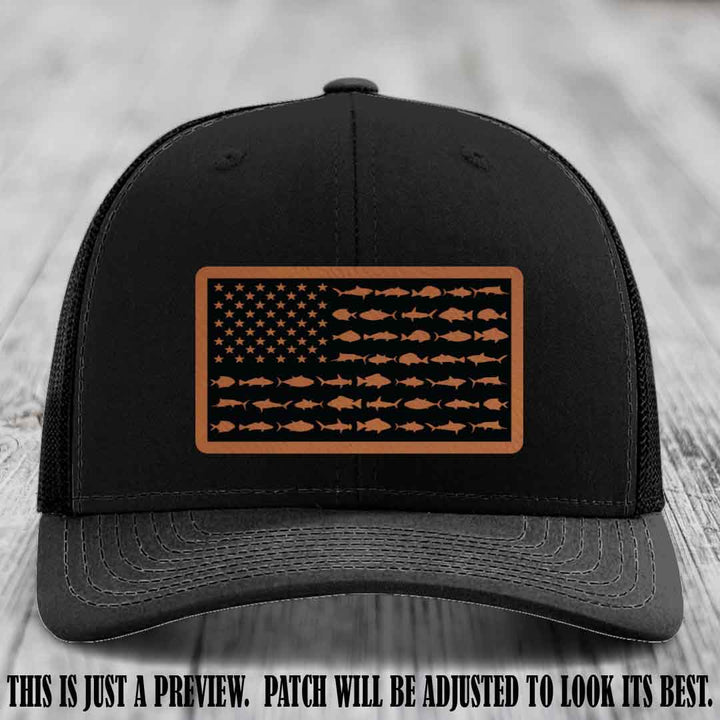 Stars & Stripes Fishing Rawhide to Black Patch Leather patch on Black Hat Richardson 112 custom trucker hat