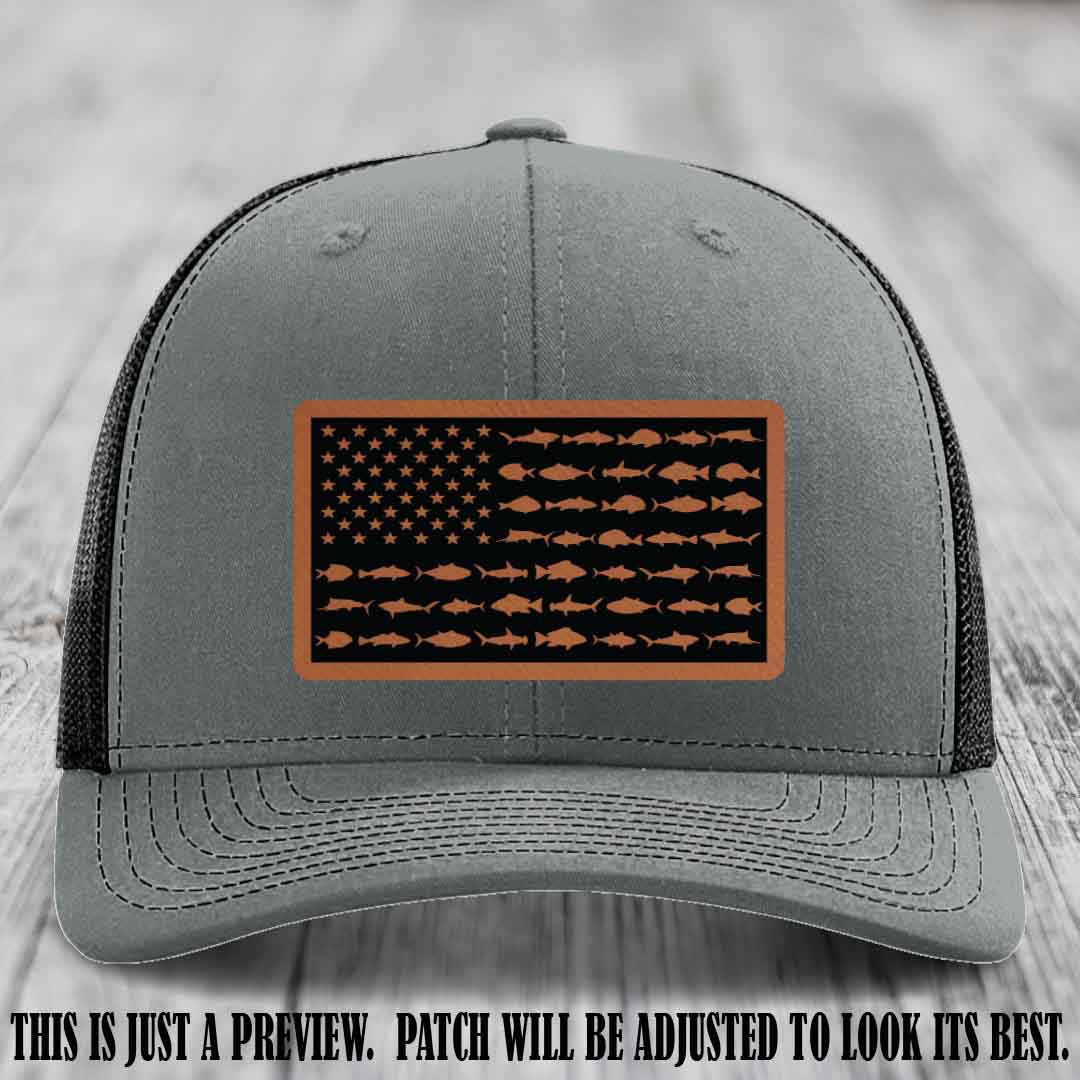 Stars & Stripes Fishing Rawhide to Black Patch Leather patch on Heather Grey to Black Hat Richardson 112 custom trucker hat
